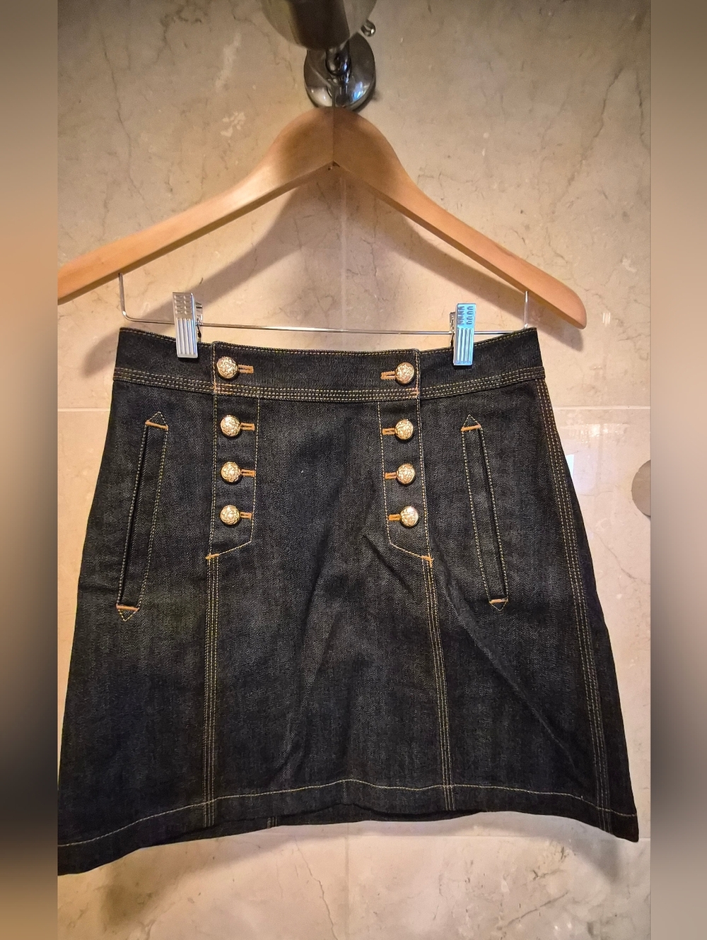 Burberry Brit Dark Wash Denim Sailor Mini Skirt w/ Gold Buttons